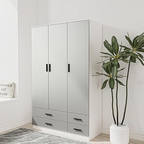 URBNLIVING Modern 3 Door 4 Drawer Wardrobe with Hanging Rail, Bedroom Furniture, Storage Shelf Clothes Organiser Stylish Design, Ample Storage Solution (White & Grey)