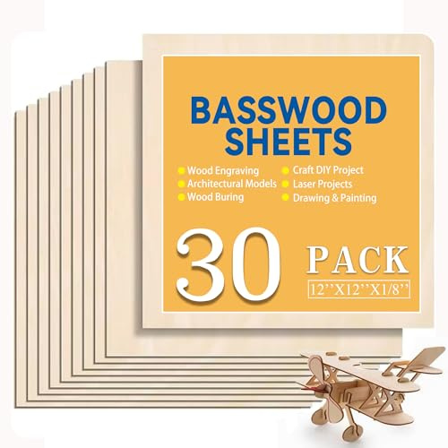 FUNGRULISM Basswood Plywood Sheets, 1/8 x 12 x 12 inch - 3mm, 10 Sheets for DIY Crafts, Laser Cutting, Wood Burning, Painting, Model Carving, CNC Cutting