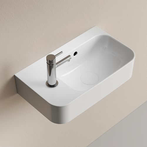 EMKE Lavabo suspendido 450 x 265 x 155 mm – Lavabo compacto y elegante para pequeños baños y aseos invitados – Grifo izquierdo, instalación en pared, blanco brillante