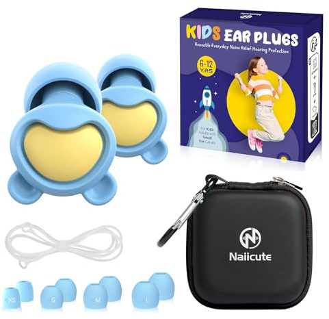 Bouchon oreille Enfant (6 à 12 ans) Kids – Bouchons d’oreille enfant Anti Bruit pour Concentration, l’école, la maison, lorsqu’ils jouent et l’anxiété, Embouts en XS/S/M/L, 26dB Réduction du bruit