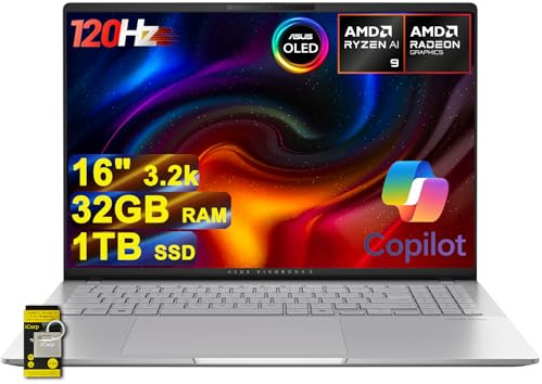 ASUS Vivobook S16 AI Laptop 16 3.2k OLED 120Hz (600nits 100% DCI-P3) AMD 10-core Ryzen AI 9 365 (Up to 50 Tops) 32GB RAM 1TB SSD for Creator Designer Business Professional Win11 ICP Hub