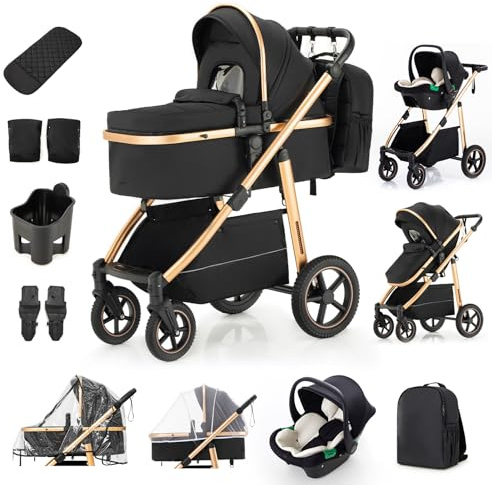 Zkiprm Passeggino 3 en 1 sistema da viaggio combinazione di passeggino e seggiolino auto, passeggino pieghevole con spinta reversibile a due vie, con zaino, guanti, zanzariera, parapioggia