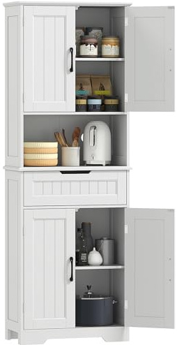 HOMCOM Credenza Cucina Alta, Mobile Dispensa con Foro Passacavi e Piano Portamicroonde, Mobile Cucina con 2 Armadietti, Cassetto, Ripiani Regolabili, per Sala da Pranzo, Soggiorno, 60x30x172cm, Bianco