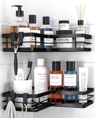 Kitsure Corner Shower Caddy – 2-Pack Adhesive Bathroom Shelves, Black, M