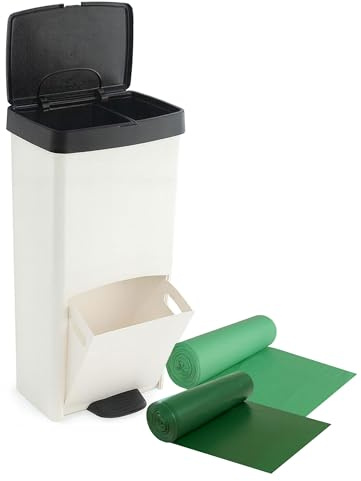 SP Berner Pack Cubo de basura o reciclaje 70L, VERTICAL, 2 Compartimentos, Papelera residuos, 76 cm, INCLUYE bolsas de basura adaptadas 30+40L, Blanco