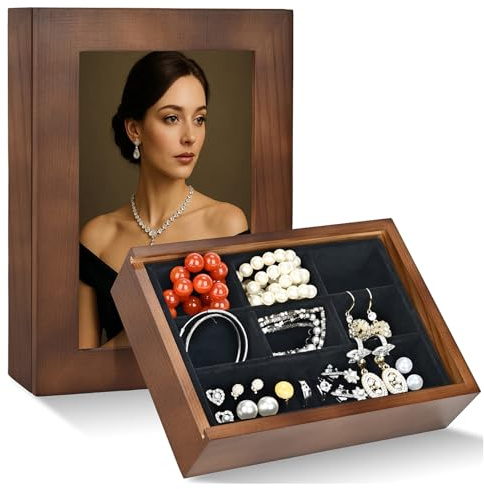 LXSINO Boîte à bijoux en bois avec couvercle cadre photo de 10,2 x 15,2 cm – Organisateur de bijoux pour bagues, colliers, broches, boucles d'oreilles – Cadeau pour femme