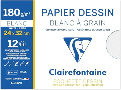 Clairefontaine 96175C mapp ritpapper (180 g, 24 x 32 cm, 12 ark, perfekt för konstundervisning, limmad) vit