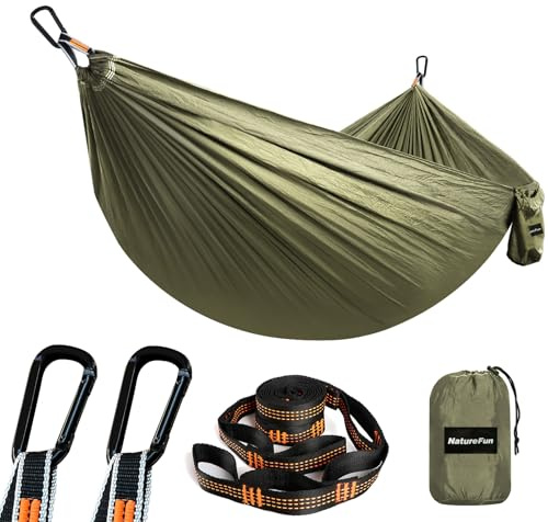 NTUREFUN Amaca da Campeggio da Viaggio Ultraleggera | Capacità di Carico 300kg,(275 x140 cm) Traspirante,Nylon da Paracadute ad Asciugatura Rapida | 2 x Moschettoni, 2 x Corde in Nylon Incluse