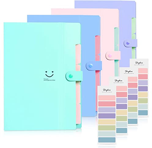 SKYDUE Expanding File Folders with 5 Pockets, Accordion File Organizer with 32 Labels, Portable Document Paper Organizer, Filing Folders, Letter / A4 Size, Pack of 4