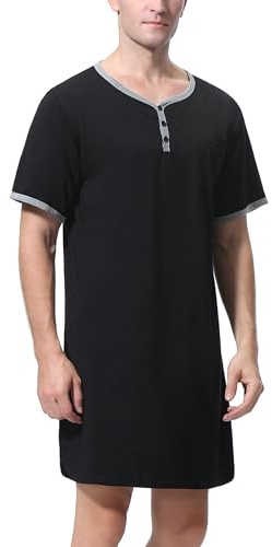 Sykooria Mens Nightshirt Short Sleeve Pajama Top Nightwear Henley Shirt Button Down Sleepwear Lightweight Cotton Soft Nightgown for Home Hospital(Black,M)