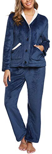 iClosam Pijama Invierno Mujer Franela Suave Pijamas para Mujer Polar Cálido Conjunto de Pijamas Mujer Largo de 2 Piezas con Botones para Casa Dormir