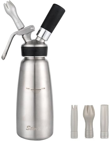 Professional Whipped Cream Dispenser Stainless Steel 304- Highly Durable Cream Whipper 1 Pint (500 ml) with 3 Tips andBrush, ZERO-LEAK Whipping Siphon Canister, Gourmet Maker (SS-P)