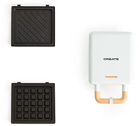CREATE/STONE STUDIO/Sandwichera-Grill y gofrera individual azul pastel / 2 placas intercambiables: Sandwich y Gofre, antiadherente, 1 rebanada, apertura 100º, autoapagado, asa tacto frío, 600W