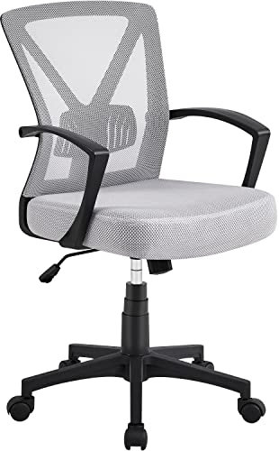 Yaheetech Office Desk Chair Executive Task Chair Mid-Back Computer Chair Ergonomic Swivel Mesh Chair with Armrest Adjustable Lumbar Support and Rolling Wheels for Study and Works, Light Grey