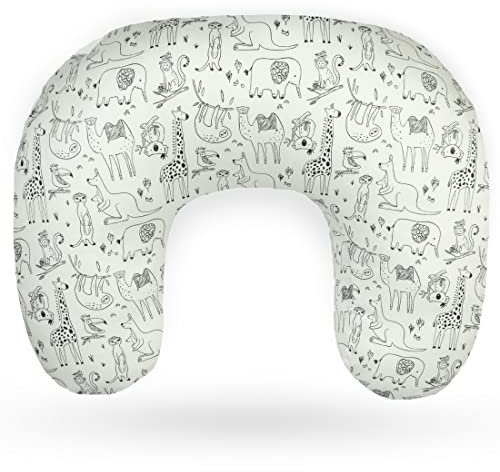 Ella Stillkissen - Ergonomisches Baby Kissen für bequemes Stillen & Füttern von Babys, gepolsterte Kopfstütze für Säuglinge mit abnehmbarem Baumwollbezug - Tiere drucken