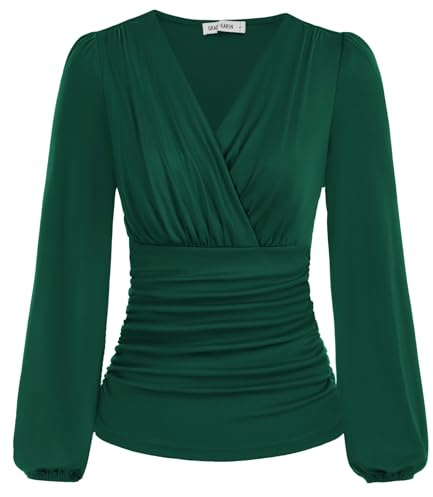 GRACE KARIN Women Long Sleeve Tops Ruched Tunic Blouses Casual Top Shirts | Long Lantern Sleeves Vintage Smart Casual Office Wear Blouses Slim Fit Soft Stretch for Daily Party Outfit