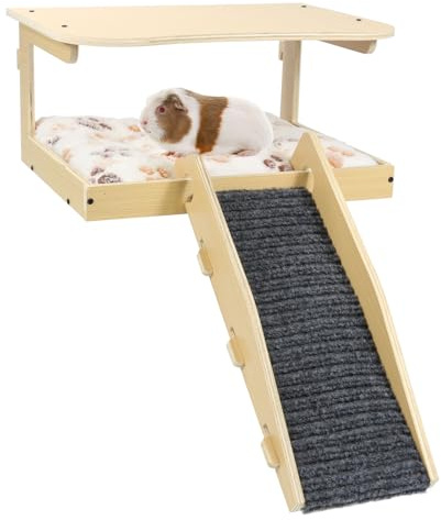 Amakunft Guinea Pig Hideout - Natural Wooden, Detachable Platform with Stairs, Small Animal Habitat for Guinea Pigs, Hamsters, Rabbits, Ferrets, Hedgehogs, Gerbils, Squirrels