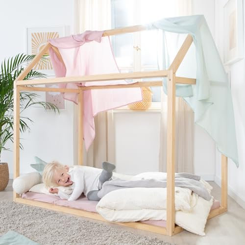 roba Hausbett Montessori 70 x 140 cm - Kinderbett aus FSC zertifiziertem Massivholz - Bambus natur