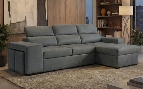 BUDWING John Divano Letto Angolare 4 Posti – Chaise Longue Reversibile, Poggiatesta Regolabili e 2 Pouf – Rivestito in Poliestere – Stile Moderno – 263x161x96 cm – Grigio Scuro