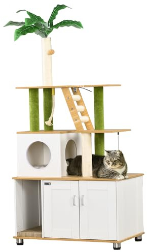 PawHut Cat Tree with Hidden Litter Box Enclosure, 2-in-1 Green Leaf Cat Tower, Litter Box Furniture with House, Ladder, Scratching Posts, Platforms, for Indoor Use - Oak