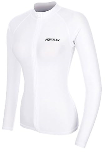 LiiYii Rashguard - Långärmad t-shirt för kvinnor, Upf50+ solskydd, för surfning, lätt, snabbtorkande, strandkläder med dragkedja framtill för simning och dykning, Vit, M