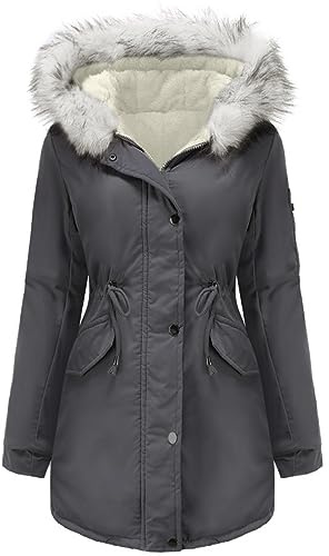 Tuopuda Giacca Donna con Cappuccio Cappotto Lungo Caldo Invernale Parka Trapuntato con Pelliccia Giubbotto Slim Fit Felpe con Zip Casual Manica Lunga, Grigio-2, XXL