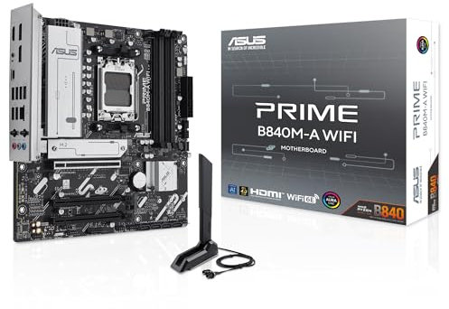 ASUS PRIME B840M-A WIFI AMD B840 mATX motherboard, DDR5, PCIe 4.0 Ready, three M.2 slots, Wi-Fi 6E, Realtek 2.5Gb Ethernet, DisplayPort, HDMI, rear and front USB 5Gbps Type-C support, BIOS FlashBack