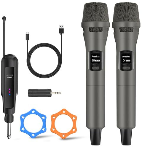 Aveek Micrófono Inalámbrico 2.4G, Set de 2 Micrófonos Inalámbricos Recargables con Receptor, Micrófonos Dinámicos Profesionales para Karaoke, Bodas, DJ, Fiestas, Iglesias, Alcance de 30m, Pack de 2