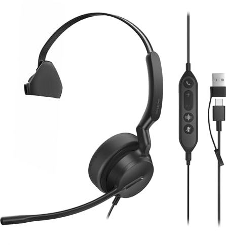 Yealink Casque Mono USB UH42 avec Microphone antibruit, Casque Filaire avec Adaptateur USB-C/A pour PC, Ordinateur Portable, Travail, Bureau, Centre d'appels