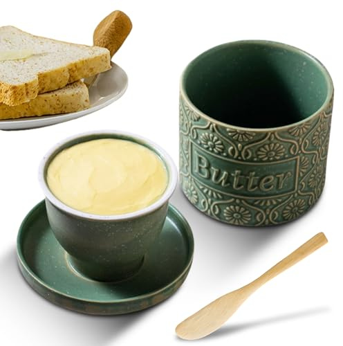 Beurrier français en céramique avec couvercle et couteau à beurre, récipient à beurre refroidi à l'eau avec ligne d'eau, pot à beurre en porcelaine au design vintage pour tartiner le beurre