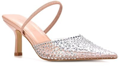 ESSEX GLAM Women's Slingback Court Shoes Ladies Clear Stiletto Heel Perspex Diamante Jewel Point Toe Party Sandals Size 3-8