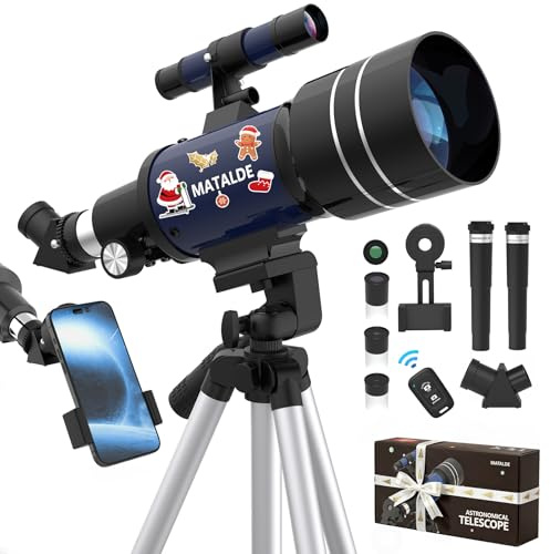 Télescope pour Débutants, Télescope Astronomique Réfracteur 70mm d'Ouverture avec 300mm de Distance Focale, Grossissement 15X-150X, Trépied, Adaptateur pour Téléphone, Télécommande sans Fil