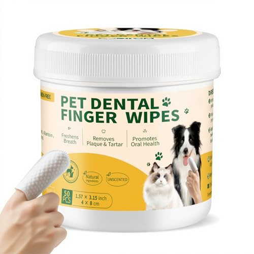 GLADFRESIT Dental Care Finger Wipes 50 Counts –Disposable Wipes for Dogs & Cats, Plaque & Tartar, Fresh Breath & Gum Health, All Natural Dog Toothbrush & Tooth Brushing Kit（Unscented）