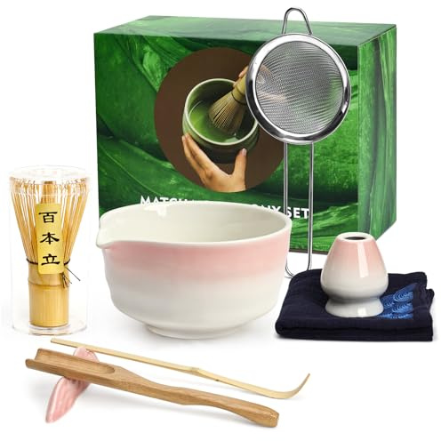 YOCOLE Matchaservis set, kvast- och kvasthållare, matchaskål med pip, matchasil, sked och handtag, japansk matcha-teservis, klassisk grön rosa och vit