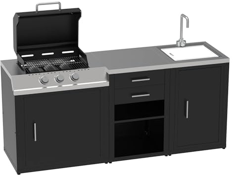 SOLEILUX Set Barbecue a Gas 3 Fuochi con Lavello, Rubinetto e Tagliere, Cassettiera 2 Cassetti Estraibili, Mobile Cucina BBQ per Terrazzo e Giardino, 210,4 x 60,7 x 94 cm