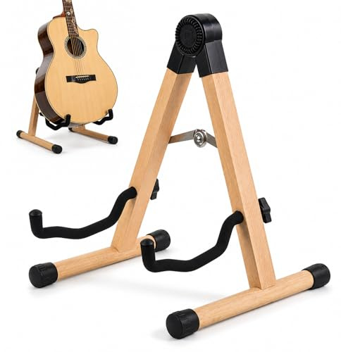 Support de Guitare Pliable en A, Pied de Guitare, Support Guitare en Bois avec Caoutchouc Antidérapant et Bras en Mousse Souple, Support Pliable en A pour Guitares Acoustiques, Électriques et Basses