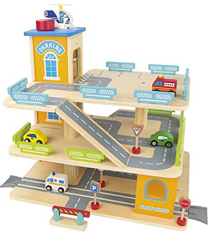 Garage in Legno per Bambini con Ascensore Manuale, Parcheggio Giocattolo a 3 Piani con Pista Auto, Rampe, Eliporto e Macchinine, Set Giochi Creativi per Cameretta, Idea Regalo.