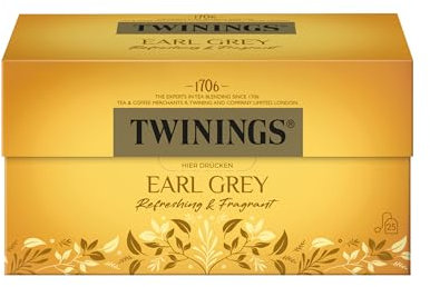 Twinings EARL GREY Schwarzer Tee im Teebeutel verfeinert mit Bergamotte-Aroma - weltbekannt & ausgesprochen erfrischender Schwarztee aus China, 1er Pack (25 Teebeutel)