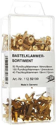 Wedo 11259199 Bastelklammern Sortiment, 240 Stück, Flachkopf und Rundkopf, 3 verschiedene Größen in praktischer Box, vermessingt