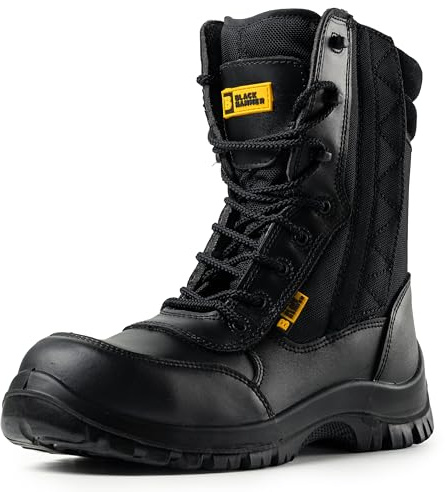 BLACK HAMMER Bota hombre de cuero con puntera compuesta S2 SRC resistente al agua Ejército Desierto Combate Caminando Seguridad Cremallera Trabajo Alto Tobillo 9999 (40 EU)