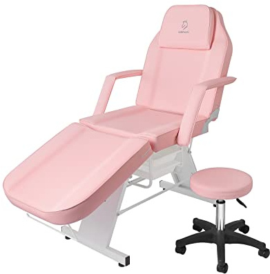 LUXMARS Facial Chair,73″ Tattoo Chair for Client,3-Section Adjustable Massage Table with Stool,Multipurpose Beauty Beds Salon Equipment for Esthetician,Tattooshop,Spa (Pink)