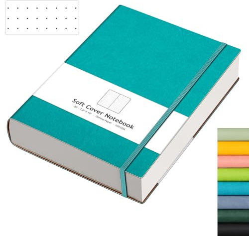 AHGXG Bullet Dotted Journal – 320 Seiten, Punktraster-Notizbuch, B5, großes Tagebuch, 19 x 25 cm, 100 g/m² dickes gepunktetes Papier, Leder-Softcover, mit Tagebuch-Schablonen, Innentasche – Cyan