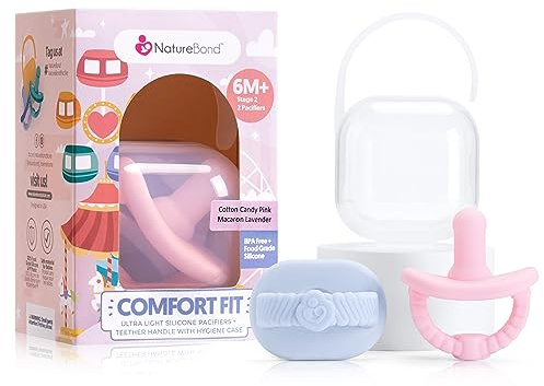 NatureBond Succhietto per neonati Succhietto in silicone Binky succhietto per neonati 2 in 1 | Ultra leggero senza BPA | Copertura igienica gratuita | (6 Mesi +, rosa e lavanda)