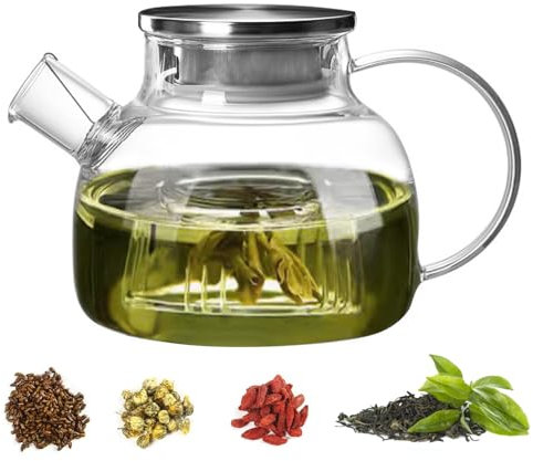 Nutabevr 1 litros Tetera de Cristal Vidrio de borosilicato, Teteras Te Cristal con colador, Tetera con colador en el cañón, para Bebidas frías y Calientes,té de Frutas, bolsitas de té perfumadas