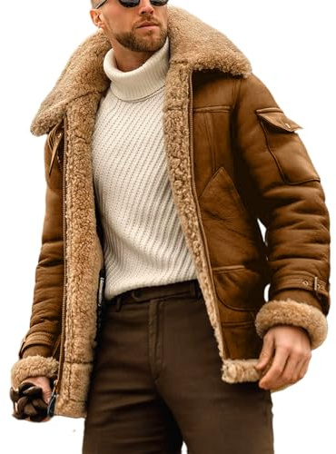 EsukAr Mens Aviator Shearling Sheepskin Leather Bomber Flying Jacket,Brown,5XL