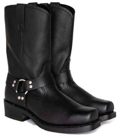 ENWIND Hommes Cuir Équitation Moto Bottes Chevalier Mi-Mollet Bout Carré Western Cowboy Biker Bottes, Noir, 44 EU