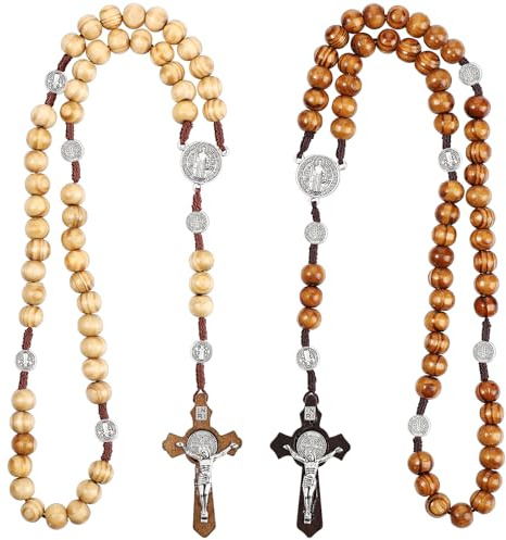 Otuuz 2 Pièces Chapelet Catholique en Bois Chaîne de Chapelet Chretien avec Croix Cadeau Religieux pour Baptême Garcon Fille Communion Confirmation