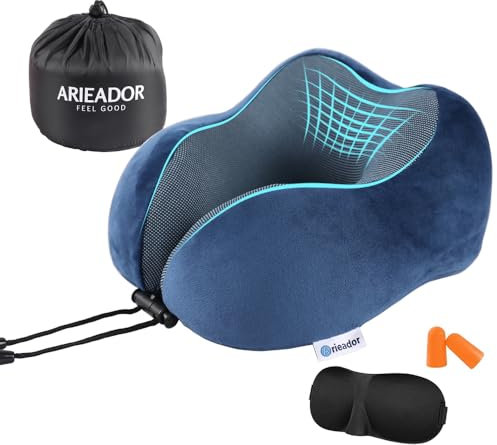 Ergonomisches Nackenkissen Flugzeug & Auto aus Memory Foam mit Schlafmaske, Ohrstöpseln & Tasche – Verstellbares Nackenhörnchen für Erwachsene, U-Form Reisekissen, Ideal für Flugzeug (Blau)