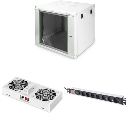 DIGITUS Set: Armario de Red de 19 9U + Ventilador de Techo + regleta de 7 Puertos // Rack de 19 Pulgadas - Montaje en Pared - Profundidad 450mm - Carga 60kg - Profundidad útil 335-380 mm - Gris