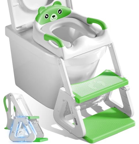 ZQEJEFD Toilettensitz Kinder mit Treppe,Kinder WC Sitz Toilette für Kinder mit Gepolstertem Sitz,Höhenverstellbar Faltbarer Kinder Toiletten Trainer,2-in-1 Kinder Toilettensitz,Rutschfestes Trittbrett